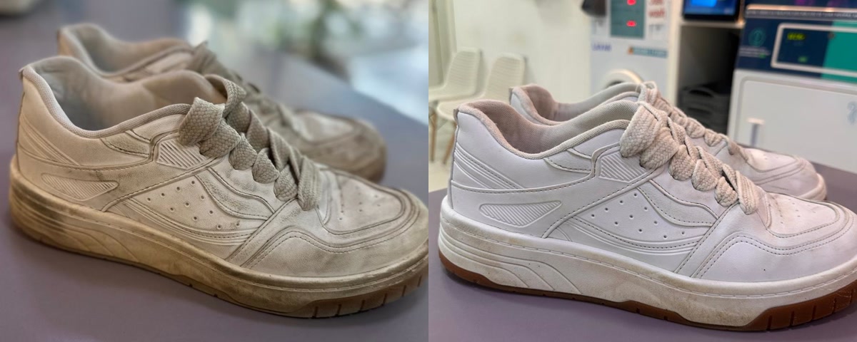 Comparação antes e depois do mesmo par de tênis brancos lavado com a Tenix