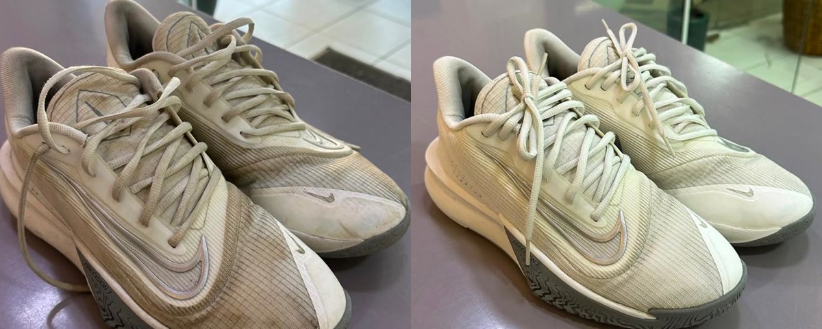 Comparação antes e depois do mesmo par de tênis esportivos lavado com a Tenix