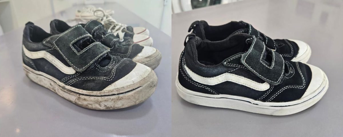 Comparação antes e depois do mesmo par de tênis infantis pretos lavado com a Tenix
